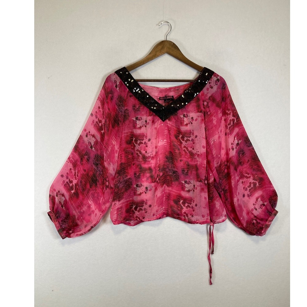Western Boho Rock & Roll Cowgirl Women L Pink Sequin V-Neck Balloon Sleeve Top